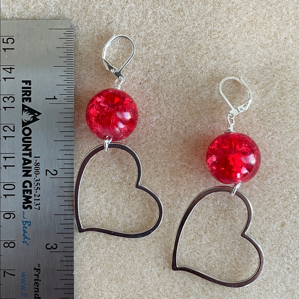 HAND CRAFTED OPEN HEART DANGLE EARRINGS WITH RED CRACKLE BEADS Boho Heart Drops - Picture 7 of 8